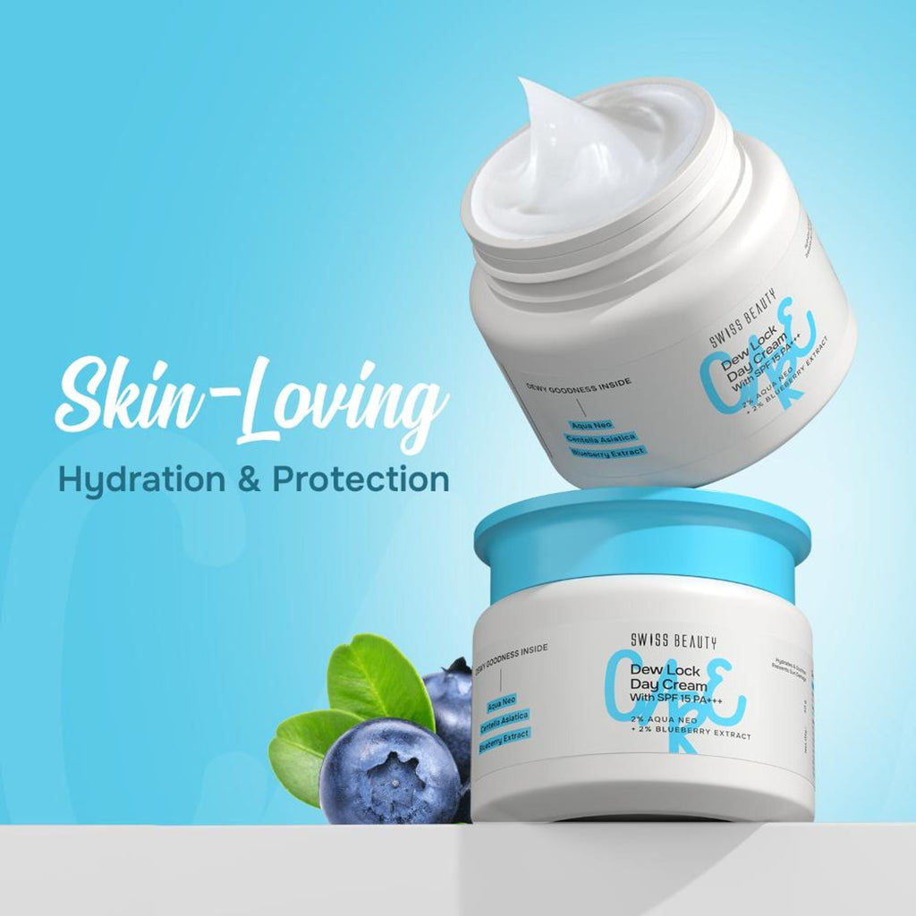 Swiss Beauty Care Dew Lock Day Cream With SPF 15+++ - 2% Aqua Neo & 2% Blueberry Extract - Distacart