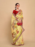 Sangria Floral Printed Embroidered Organza Saree - Distacart