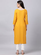 Souchii Women Tan & White Geometric Yoke Design Thread Work Grandeur & Majestic Artwork Kurta - Distacart
