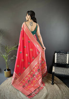 Joban Fashion Peach Elephant & Floral Motifs Soft Lichi Silk Banarasi Saree - Distacart