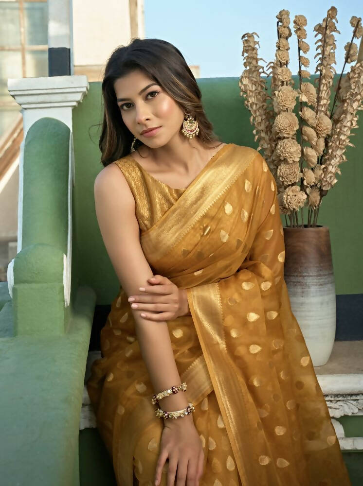 Delightful Designer Light Yellow Color Organza Silk Saree With Weaving Work - Yomika Fashions