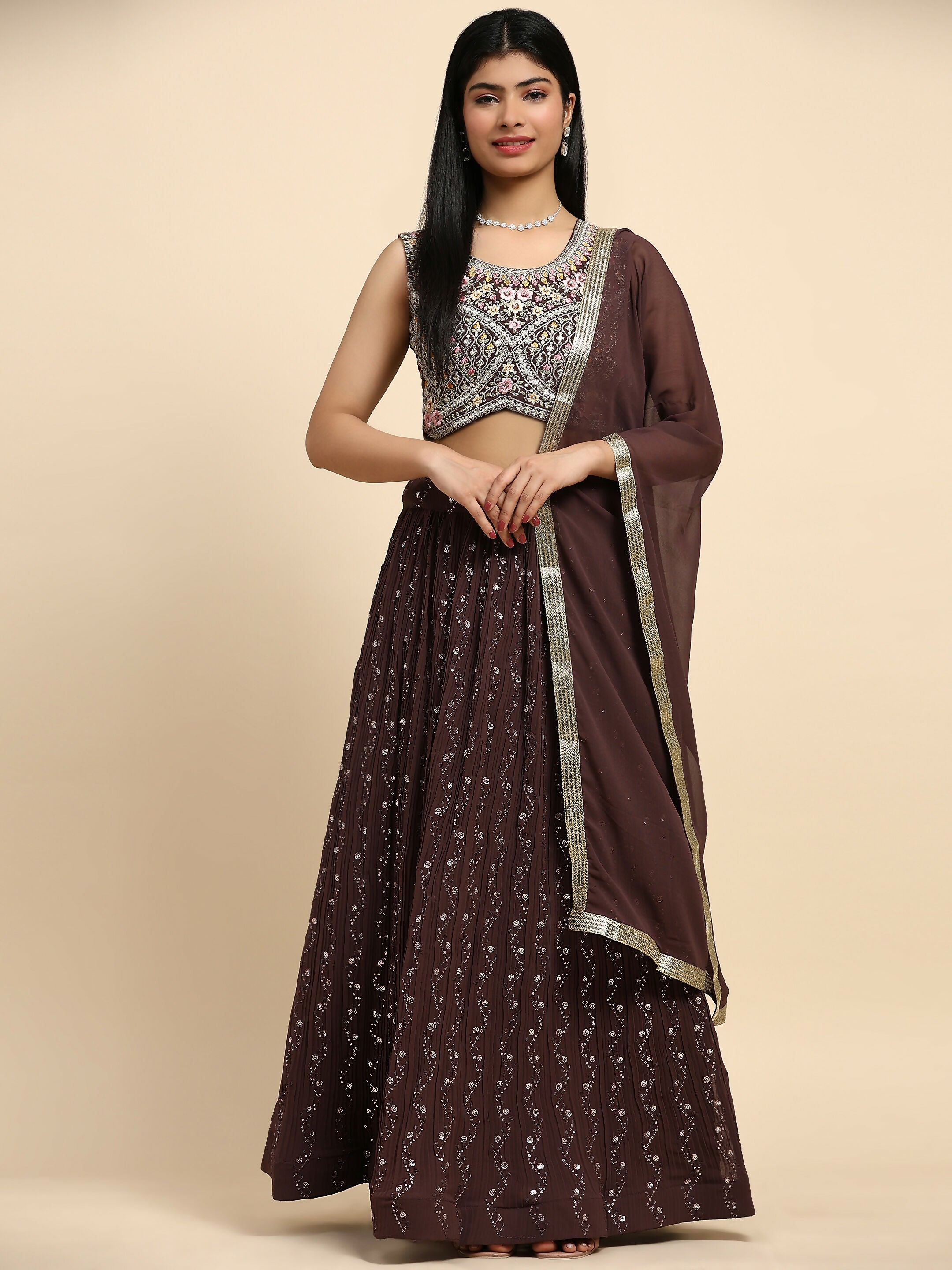 Brown Georgette Embroidered Lehenga choli with Dupatta - Dhara