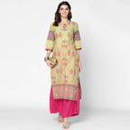 Cheera Hand Block Print Khaki Straight Kurta (MAAI-053K)