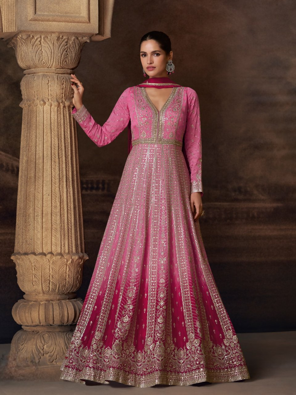 Anaita Pink Real Georgette Stitched Anarkali Suit with Embroidery & Sequence Work - Distacart
