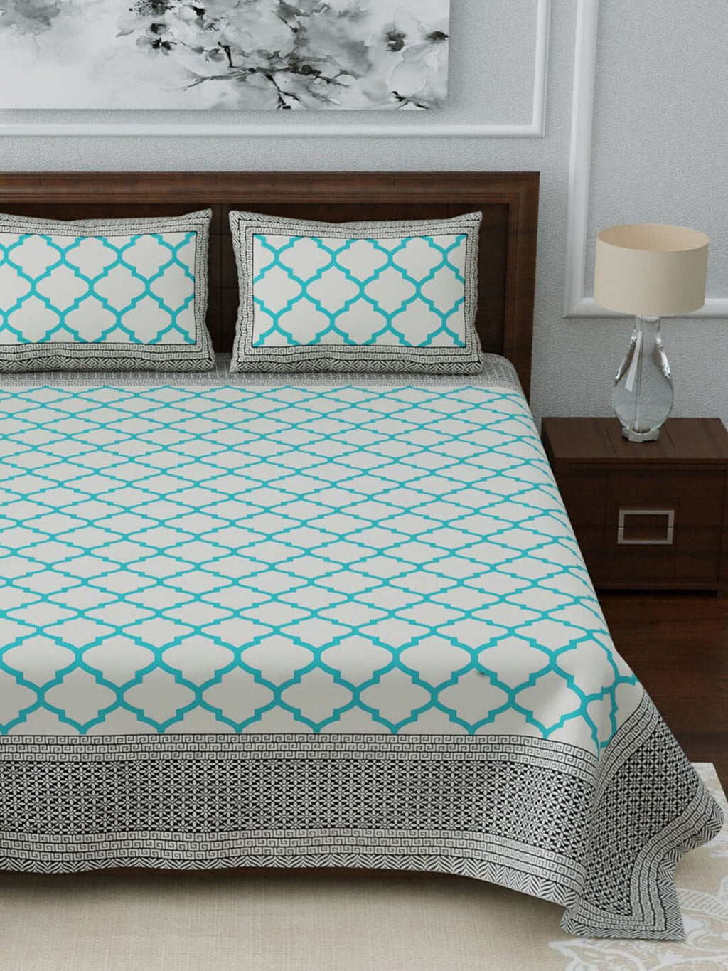 LIVING ROOTS White & Blue Printed 210 TC 1 King Jaipuri Bedsheet With 2 Pillow Covers