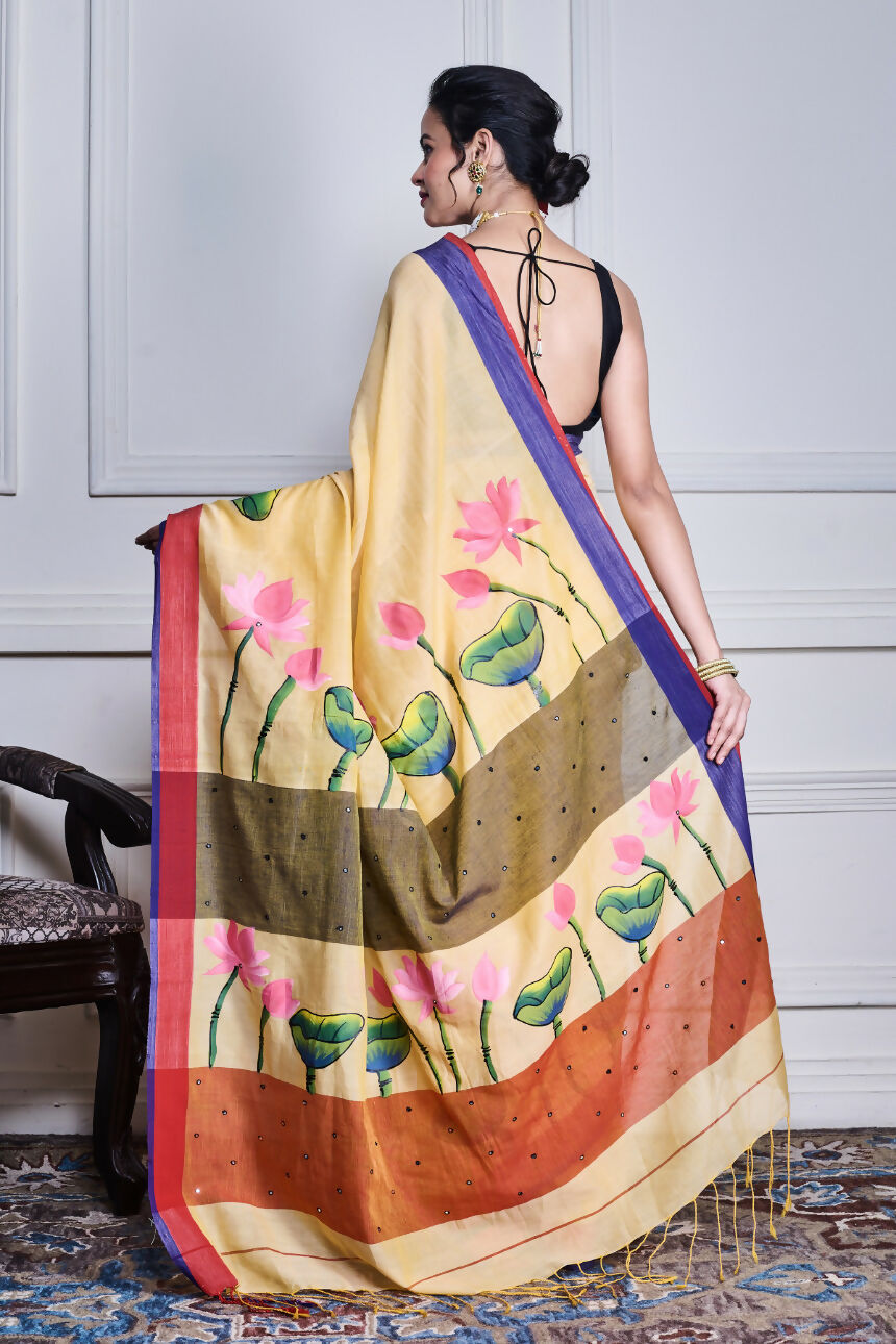 Morchari Multicolour Cotton Handloom Mirror Work Saree Unstitched Blouse - Distacart