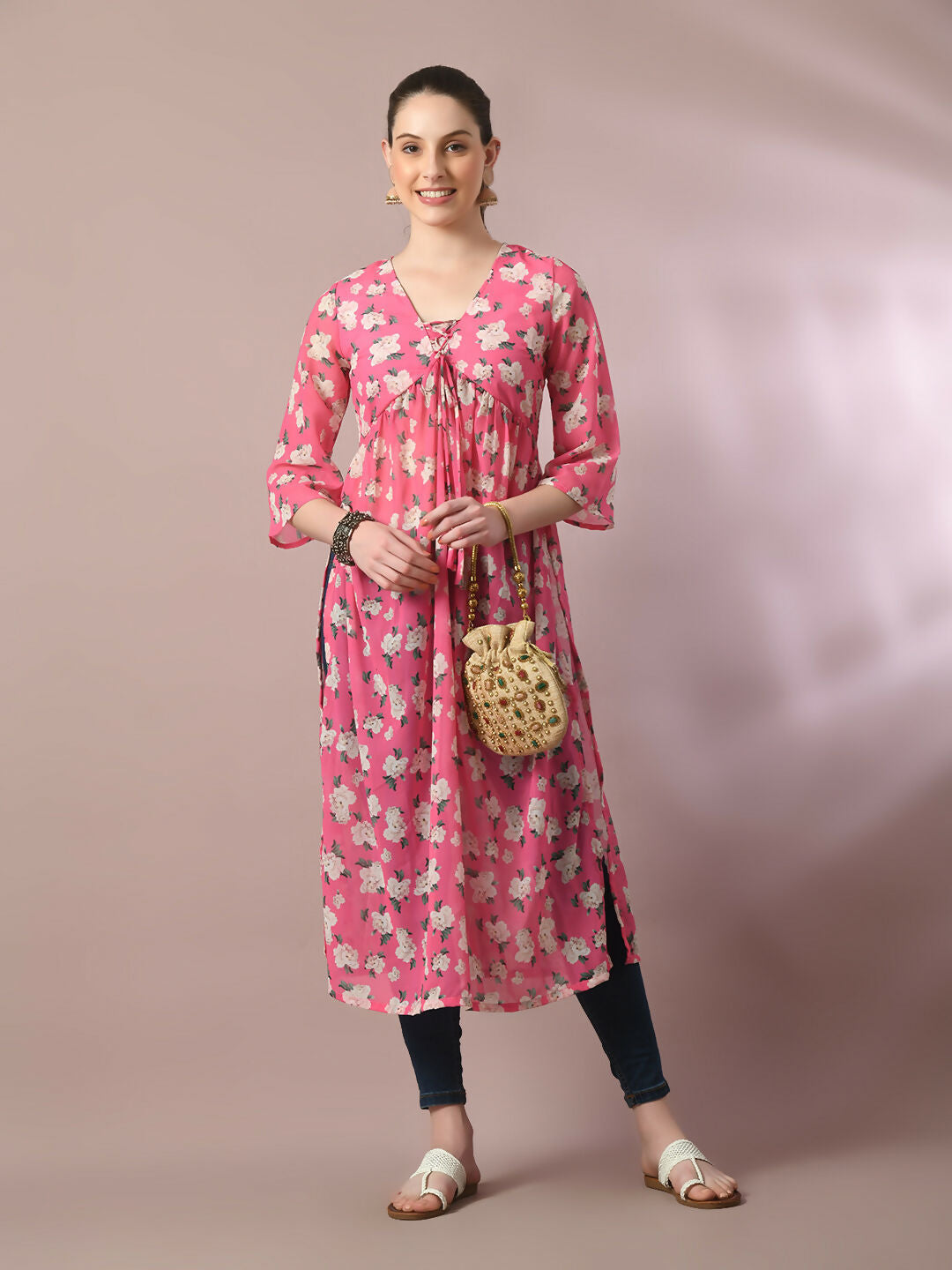 Myshka Women's Pink Printed Georgette A-Line Nyra-cut Kurta
