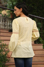 Juniper Women's Lemon Cotton Dobby Solid Embroidered Straight Tunic - Distacart