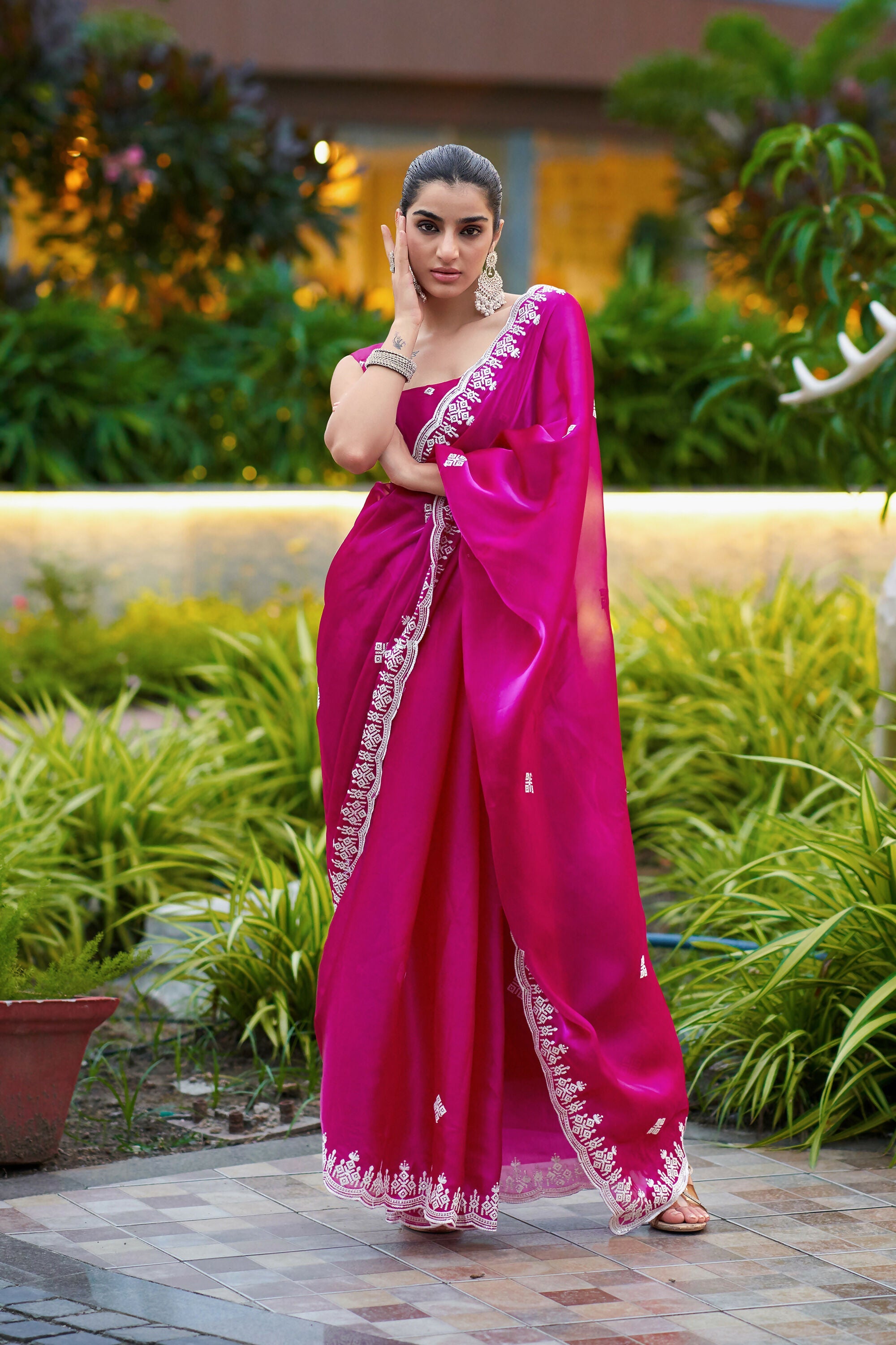 Vastranavya Pink Embroidery Work Shimmer Chiffon Saree with Unstitched Blouse - Distacart