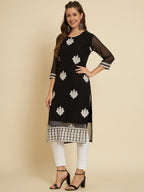 HERE&NOW Black & White Ethnic Motifs Chikankari Embroidered Georgette Kurta