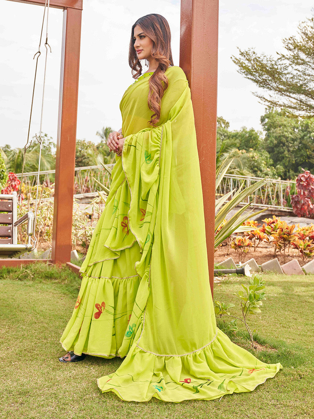 Tikhi Imli Printed Ruffle Saree With Mirror Embroidered Work Blouse - Distacart