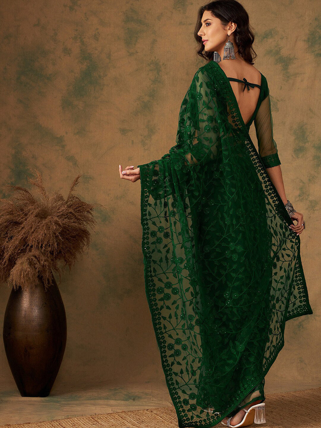 Sangria Floral Embroidered Net Sarees - Distacart