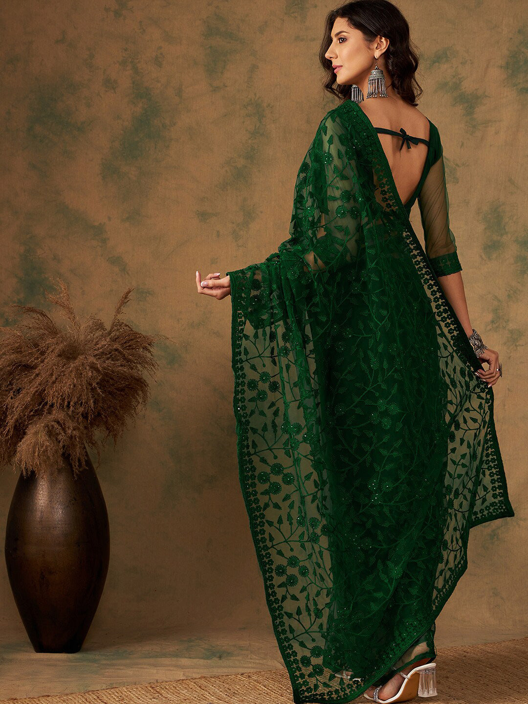 Sangria Floral Embroidered Net Sarees - Distacart