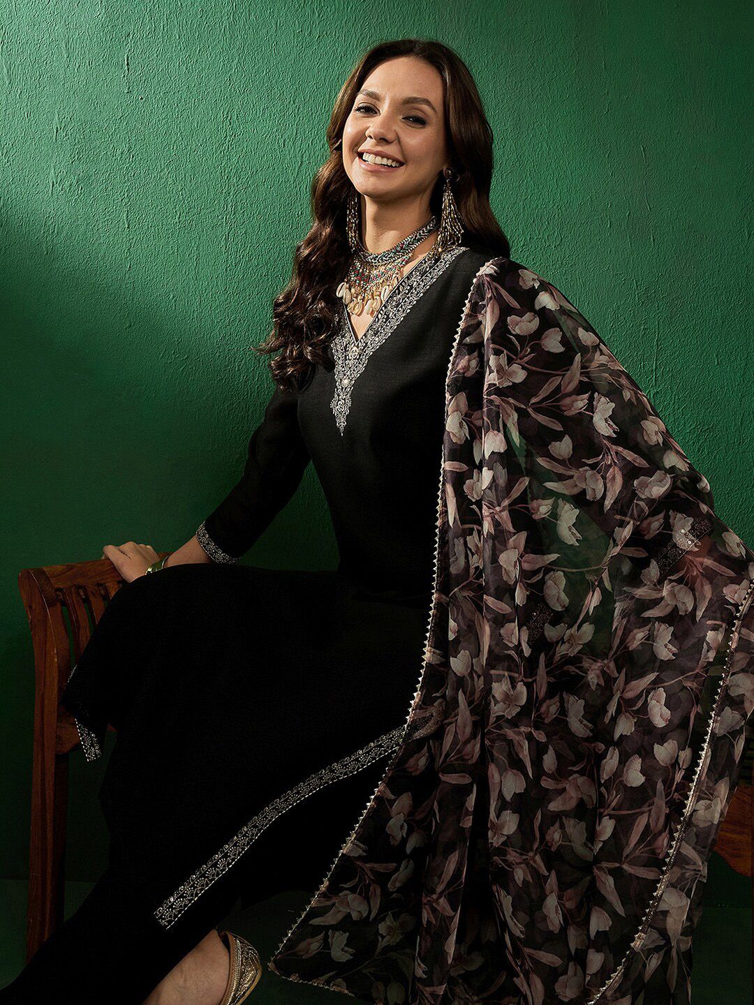 Sangria Floral Embroidered Straight Kurta With Trouser & Dupatta