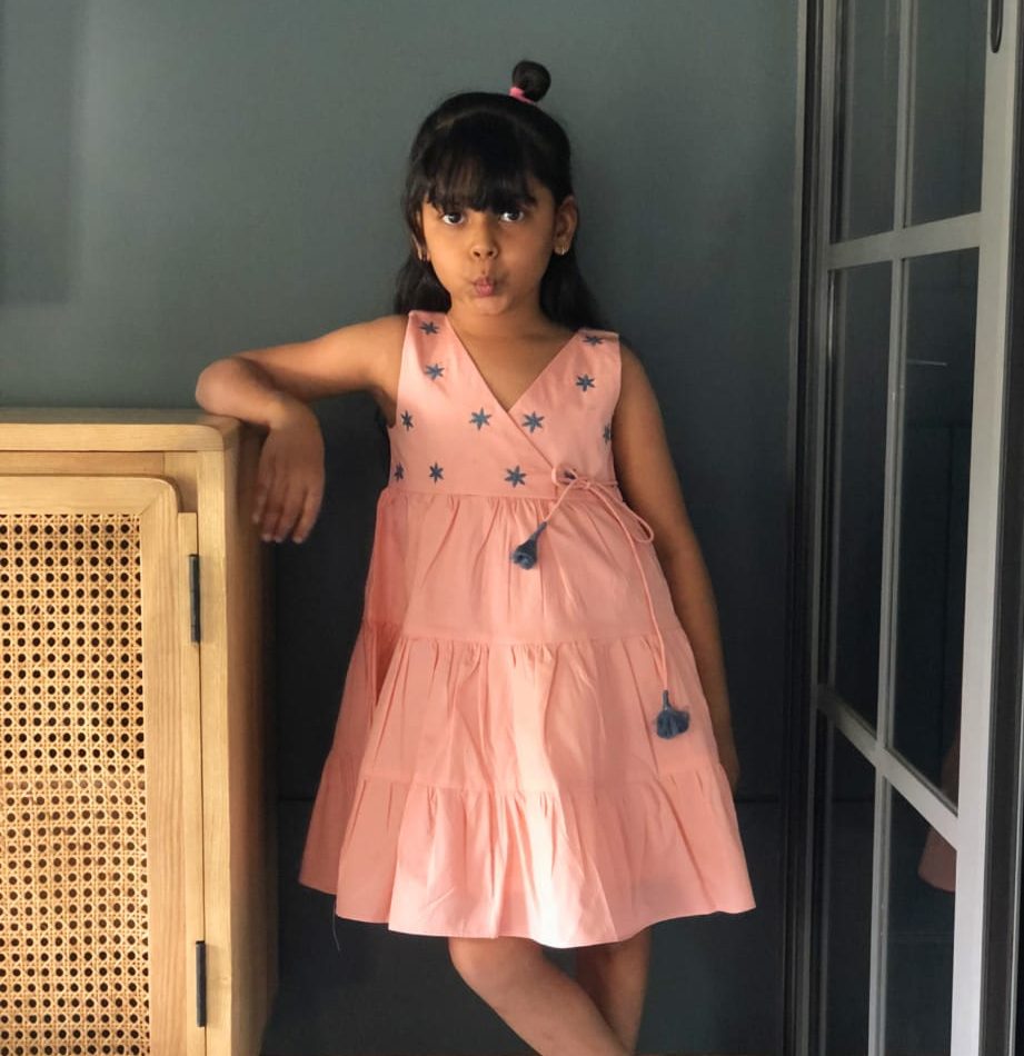 ArthLife Peach Flower Embroidered Tiered Dress