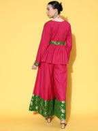 InWeave Women's Fuchsia Green Brocade Mughal Shaan Kurta Palazzo Set