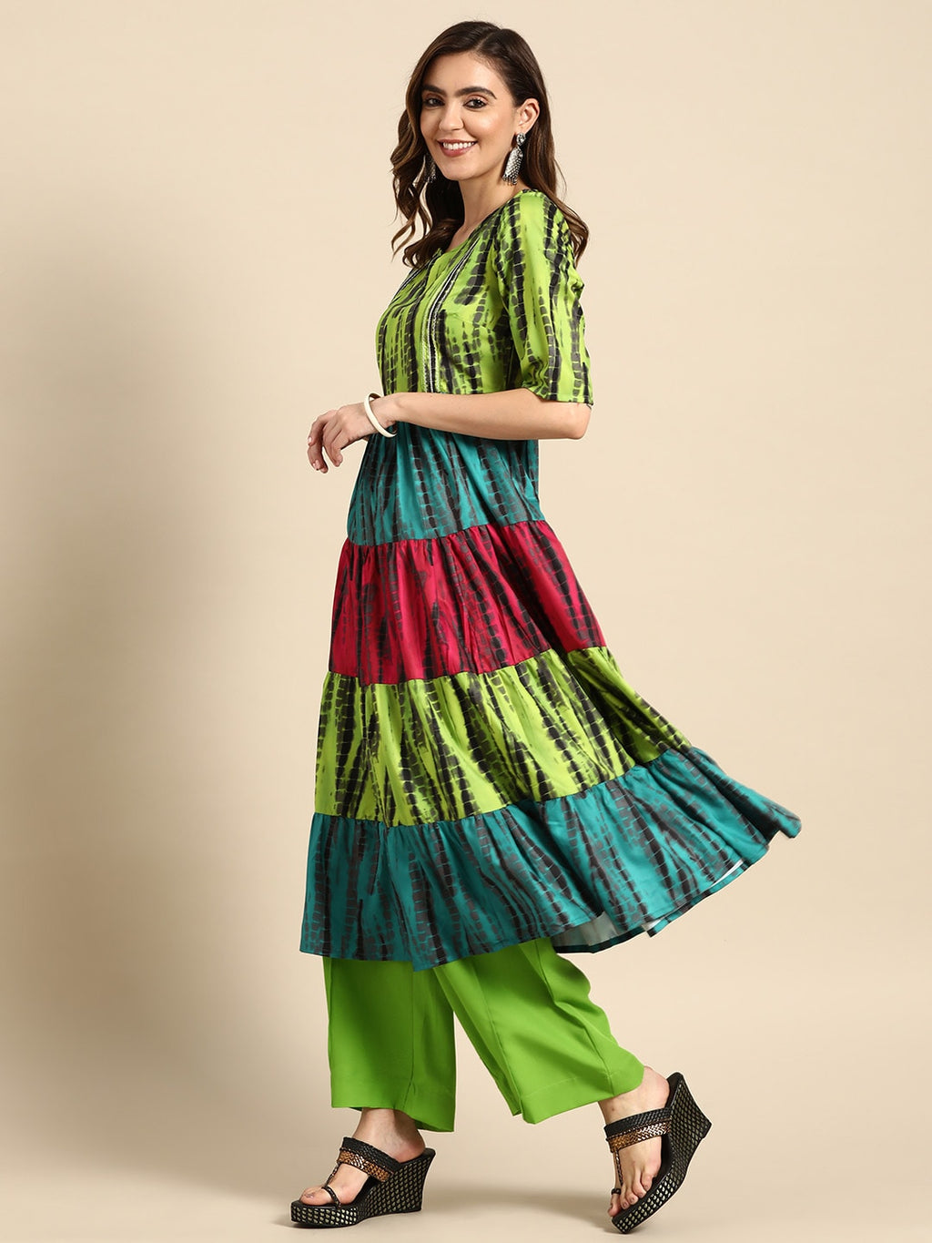 Sangria Women Green Dyed Tiered Kurta with Palazzos