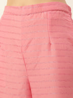 Sangria Peach-Coloured Zari Gotta Patti Pleated A-Line Pure Cotton Kurti With Palazzo