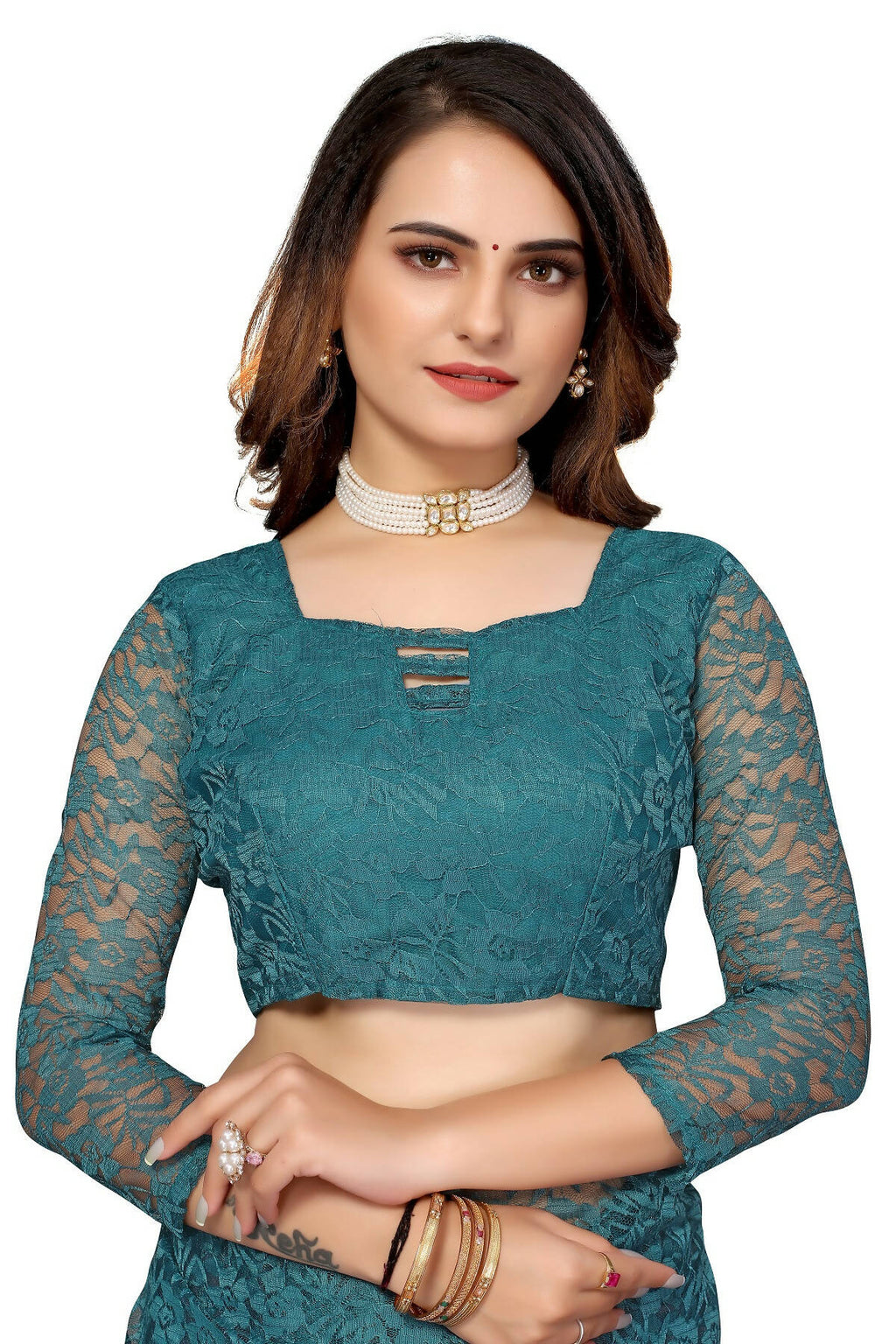 Vamika Rama Green Pearls Net Saree - Distacart
