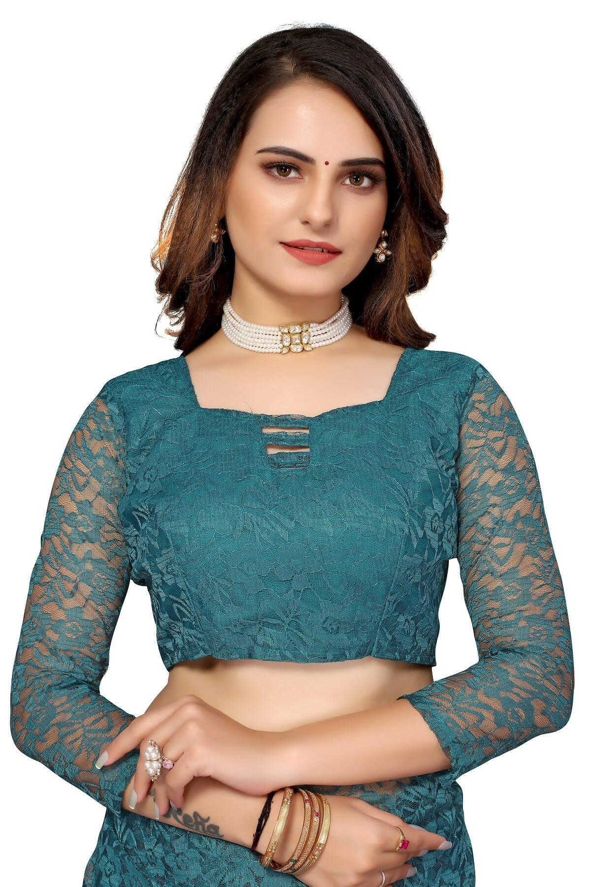 Vamika Rama Green Pearls Net Saree - Distacart