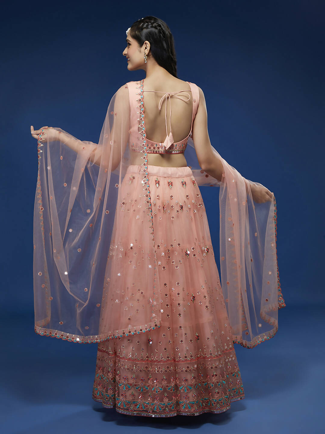 House of Panchhi Peach Net Sequinse Work Lehenga & Blouse, Dupatta