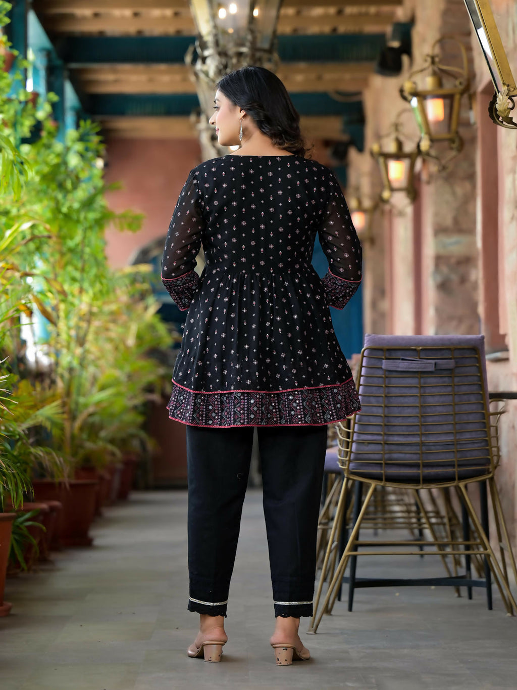 Juniper Women's Black Ethnic Motif Printed Georgette A Lined Tunic