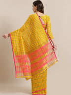 Saree Mall Mustard & Coral Checked Silk Cotton Sarees