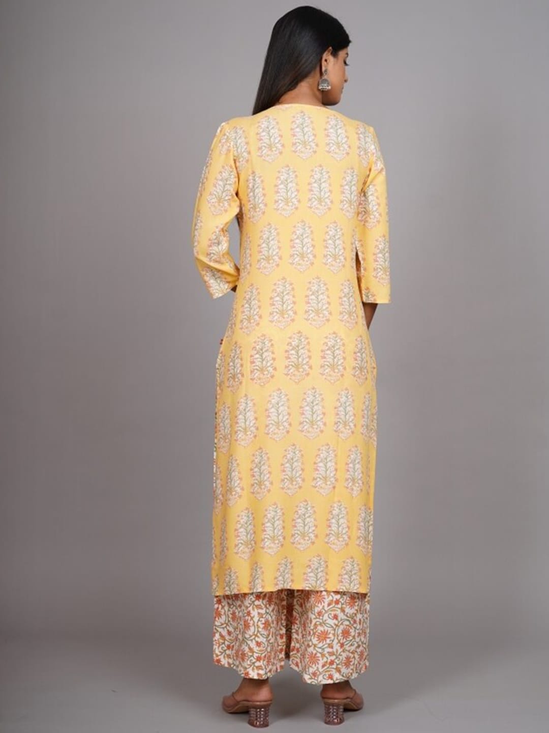 HERE&NOW Women Yellow Floral Printed Thread Work Kurta with Palazzos & With Dupatta