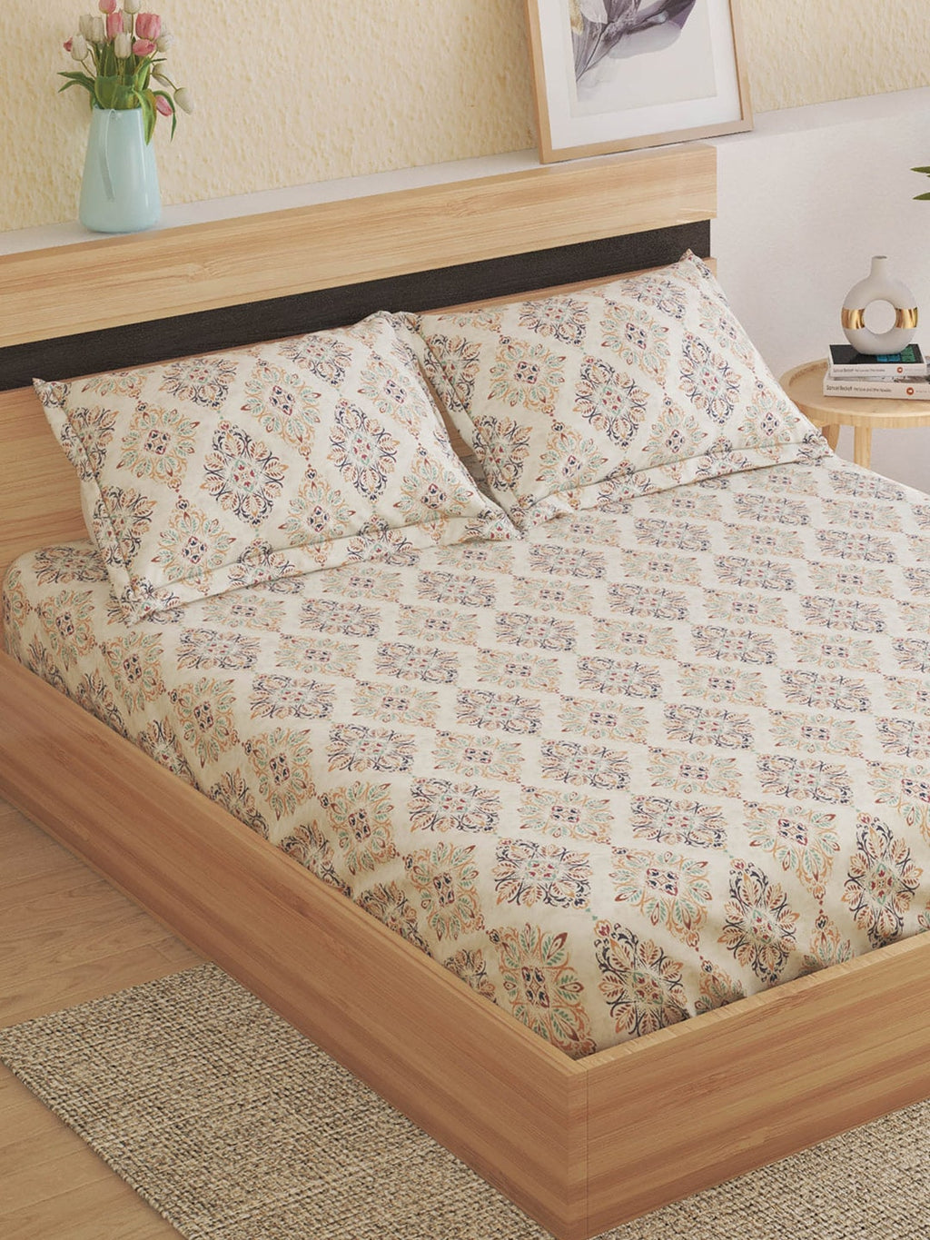 Home Centre Beige & Navy Blue Ethnic Motifs Cotton 150 TC King Bedsheet & 2 Pillow Covers