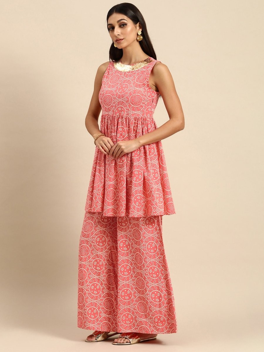 All About You Women Peach Pin & White Bandhani Print Pleated Sequinned Kurti with Palazzos