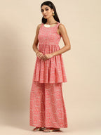 All About You Women Peach Pin & White Bandhani Print Pleated Sequinned Kurti with Palazzos