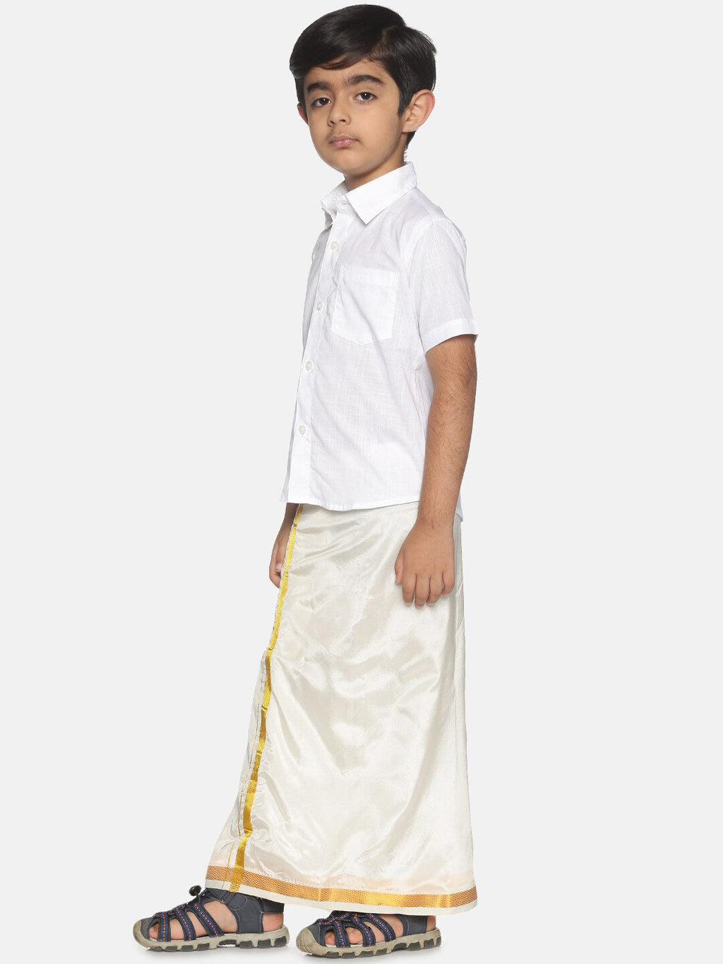 Sethukrishna Boys White & Gold-Toned Pure Cotton Shirt with Dhoti Set