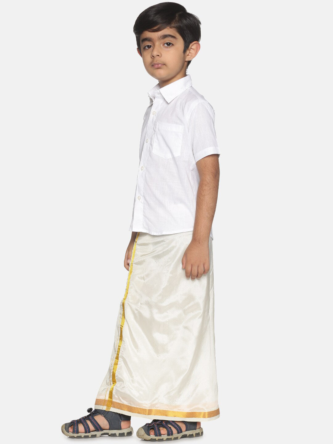 Sethukrishna Boys White & Gold-Toned Pure Cotton Shirt with Dhoti Set