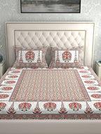LA VERNE White & Maroon Ethnic Motifs 140 TC Cotton King Bedsheet With 2 Pillow Covers