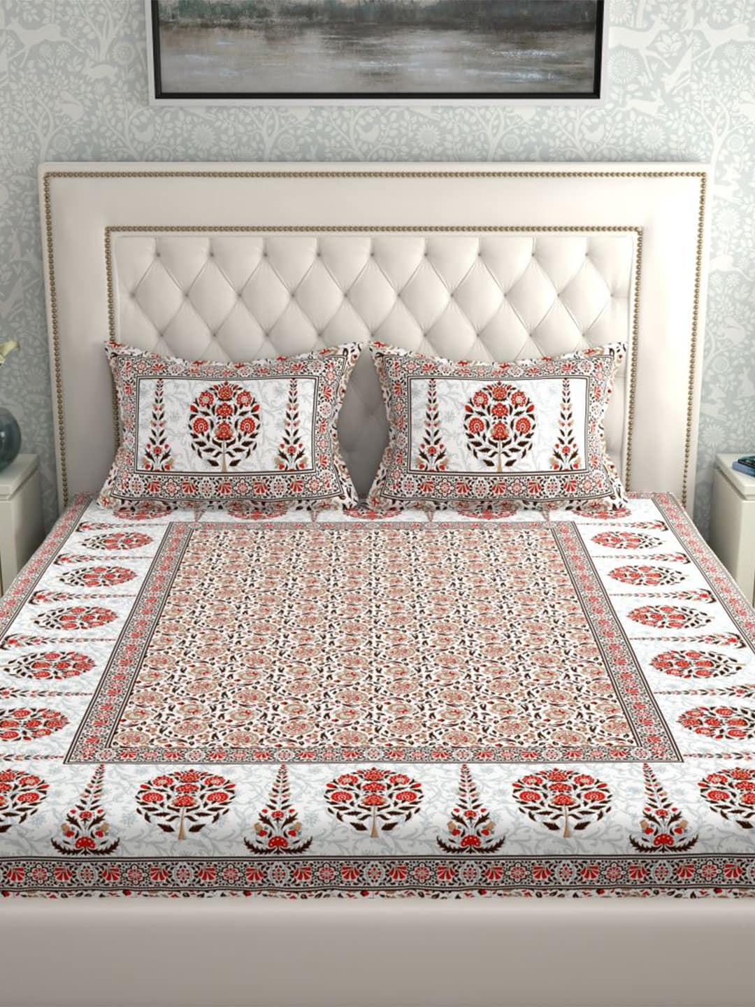 LA VERNE White & Maroon Ethnic Motifs 140 TC Cotton King Bedsheet With 2 Pillow Covers
