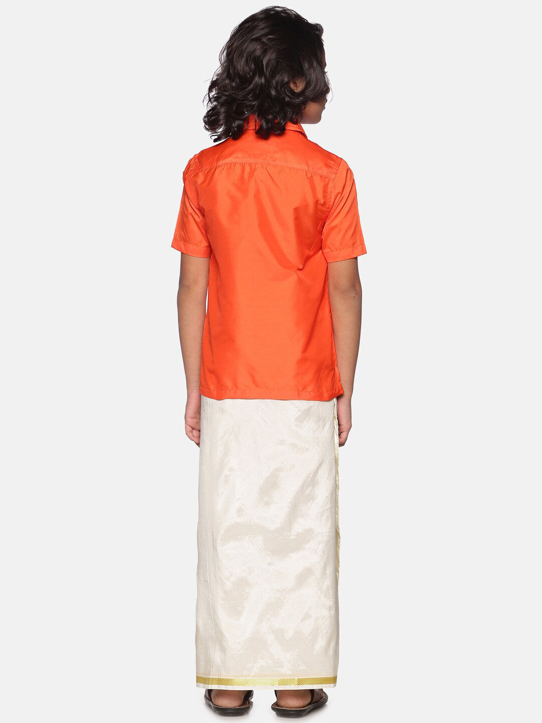 Sethukrishna Boys Orange & White Solid Shirt with Dhoti Set