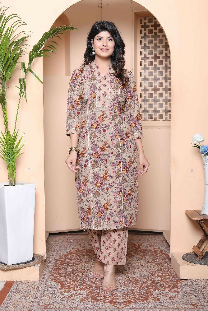 Miravan Womens Pure Cotton Straight Floral Printed Kurta With Palazzo-Multicolor - Distacart