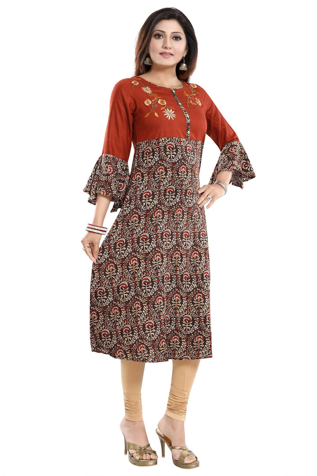 Snehal Creations Rust Rayon Printed Flared Long Tunic - Distacart