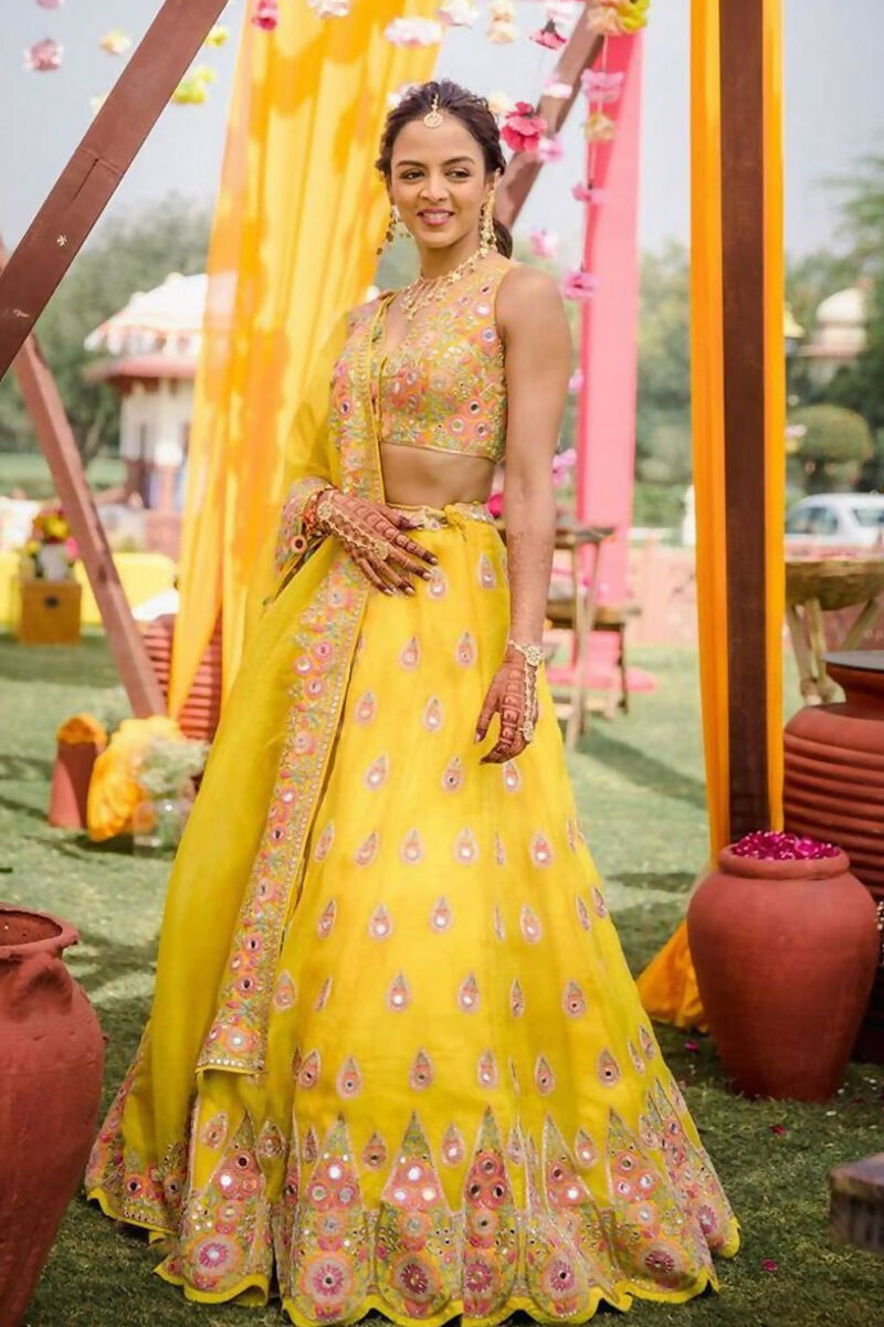 Jyoti Fashion Yellow Thread with Mirror Embroidery Georgette Lehenga Choli with Dupatta