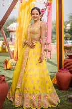 Jyoti Fashion Yellow Thread with Mirror Embroidery Georgette Lehenga Choli with Dupatta