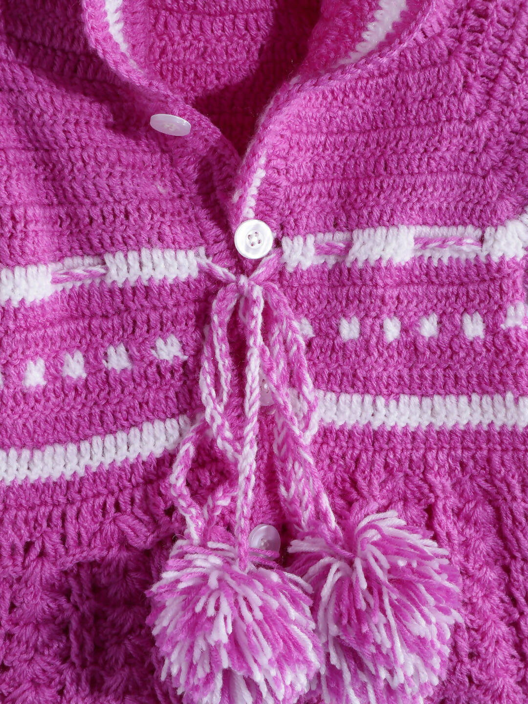 Chutput Kids Woollen Hand Knitted Full Sleeves Self Design Hood Detail Dress For Baby Girls - Purple