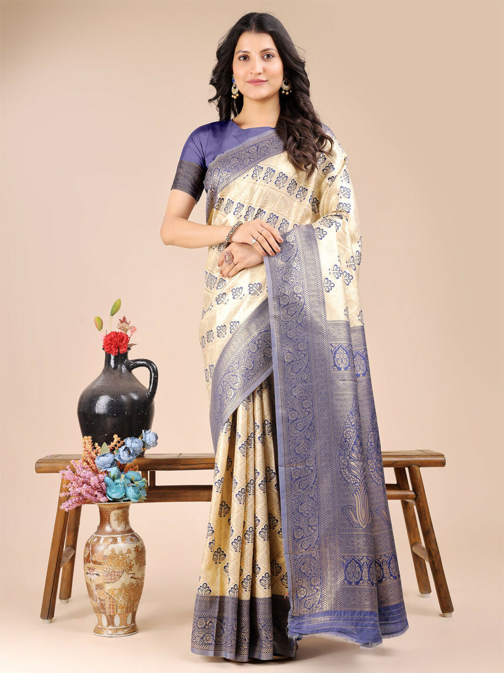 Shree Shyam Fashion Aura Silk Cream Navy Blue Banarasi Silk Saree