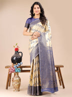 Shree Shyam Fashion Aura Silk Cream Navy Blue Banarasi Silk Saree