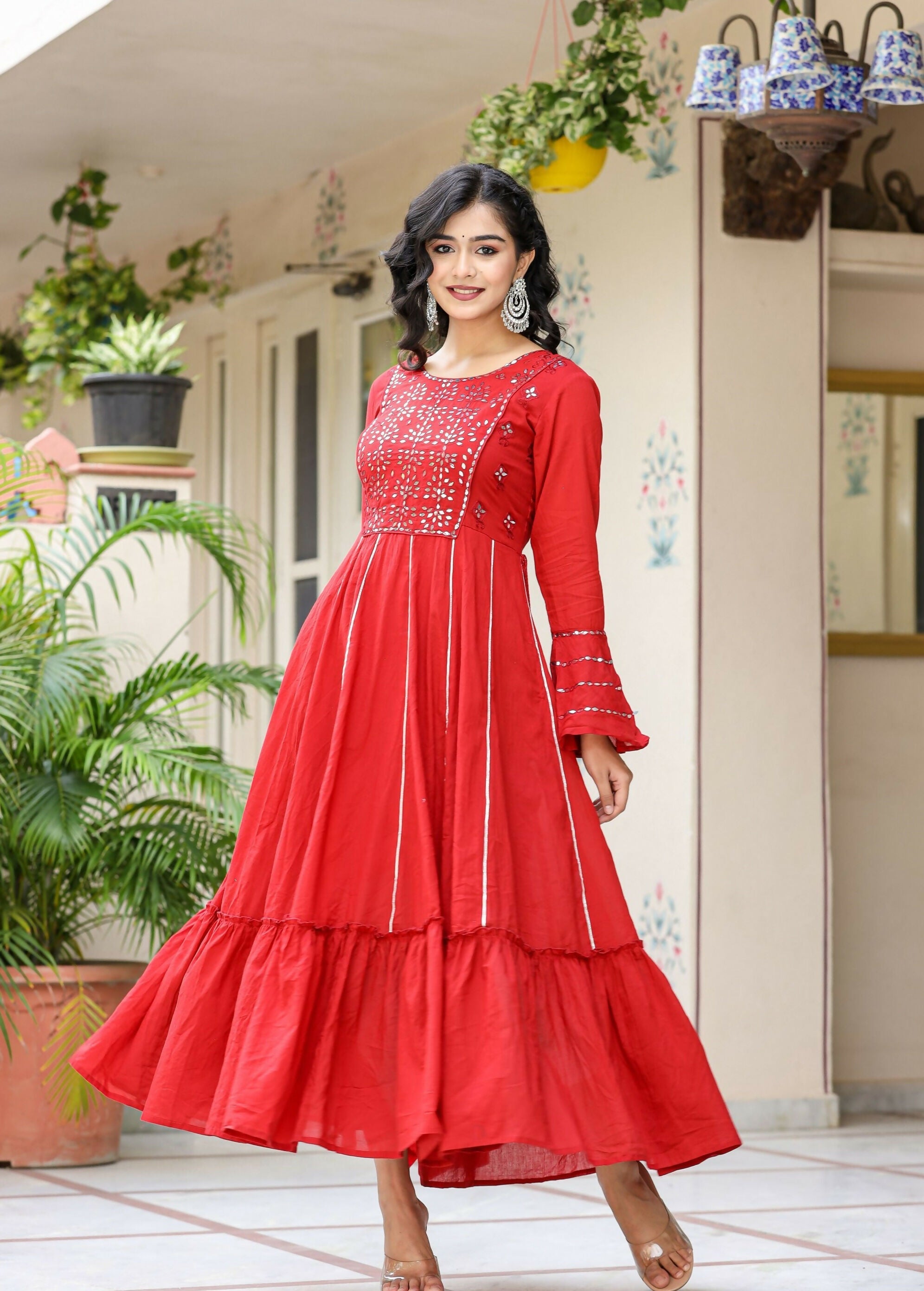 Kaajh Women's Red Mirror Embroidered Cotton Ethnic Dress - Distacart