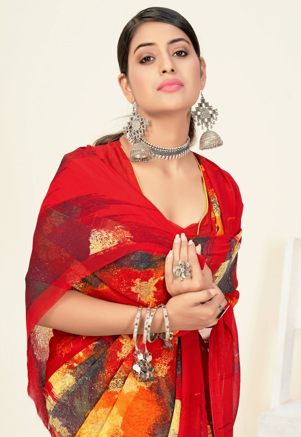 Red Georgette Texture Printed Saree With Unstitched Blouse Piece - Jyoti