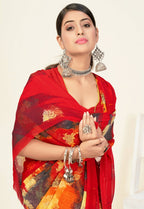 Red Georgette Texture Printed Saree With Unstitched Blouse Piece - Jyoti