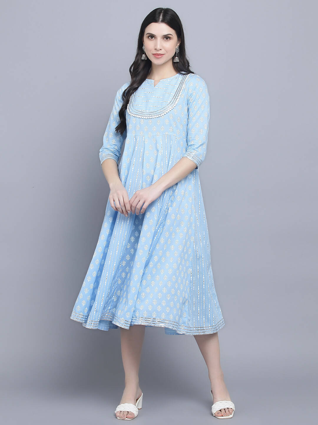 Myshka Women's Blue Ethnic Motifs Empire Midi Dress - Distacart