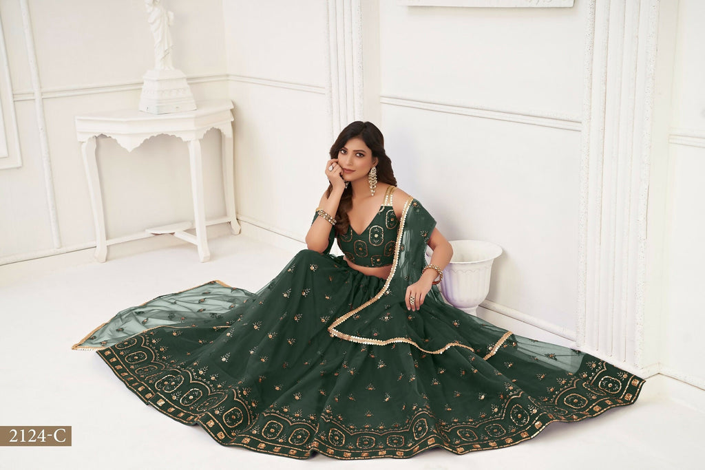 Eilara Women'S Dark Green Butterfly Net With Tone Thread Work And Sandwich Embroidered Work Lehenga Choli For Wedding