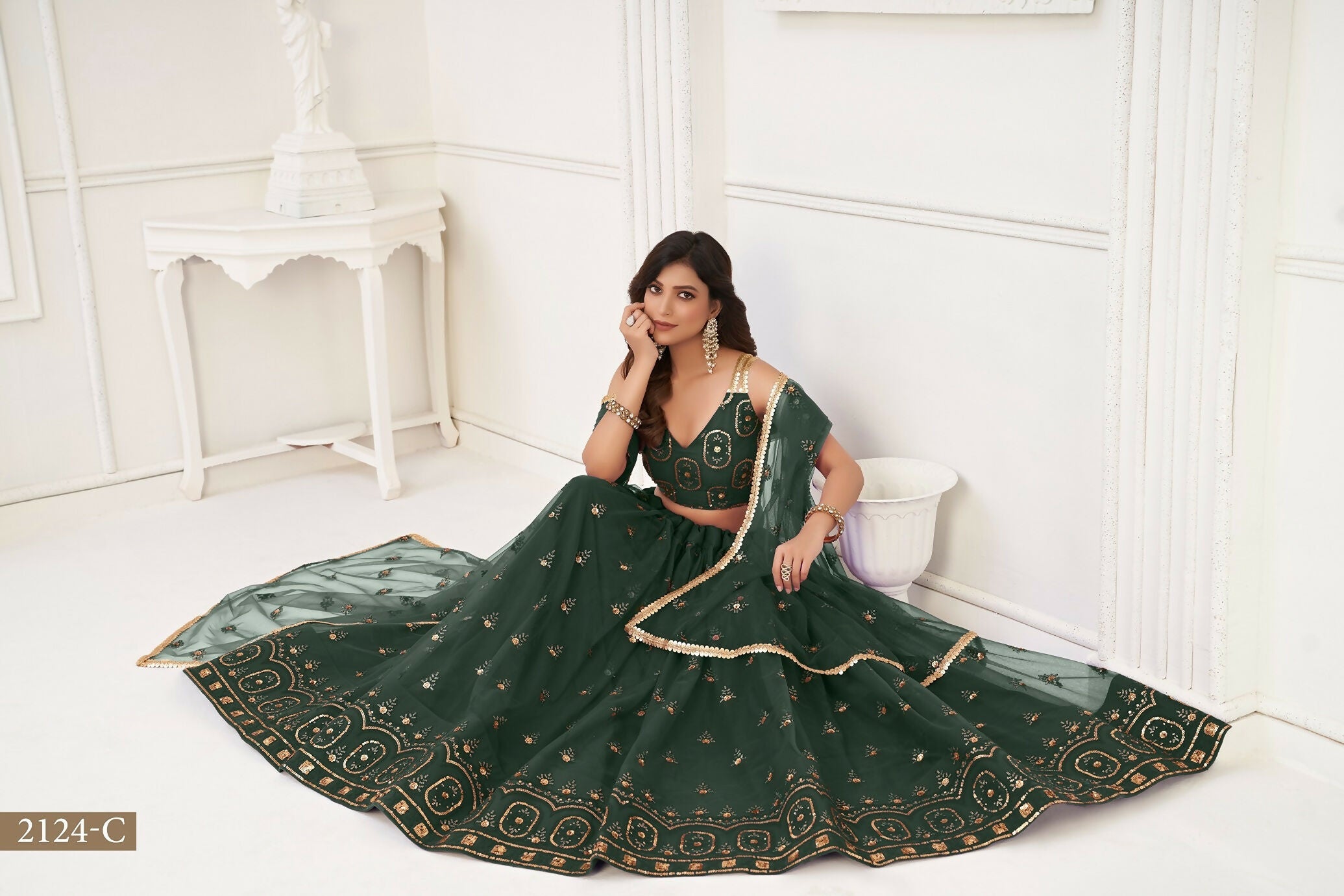 Eilara Women'S Dark Green Butterfly Net With Tone Thread Work And Sandwich Embroidered Work Lehenga Choli For Wedding