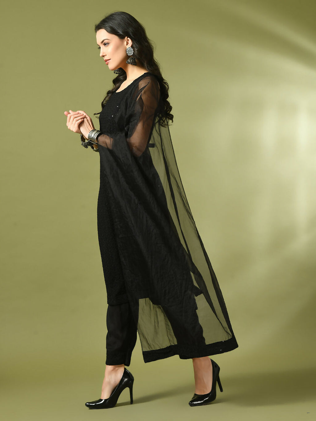 Myshka Women's Black Embroidered Cotton Straight Party Kurta Set With Dupatta